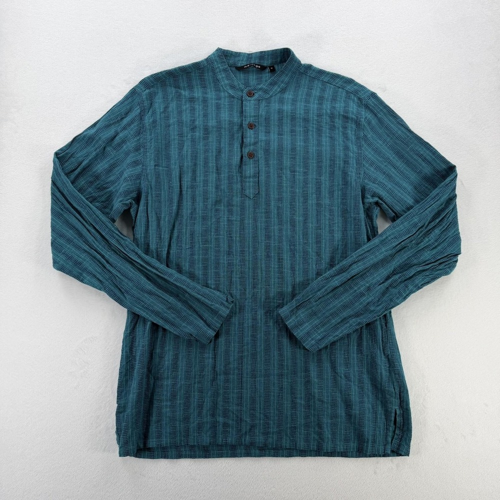 Melange Shirt Mens Medium Blue Striped Long Sleeve Band Collar Cotton Casual